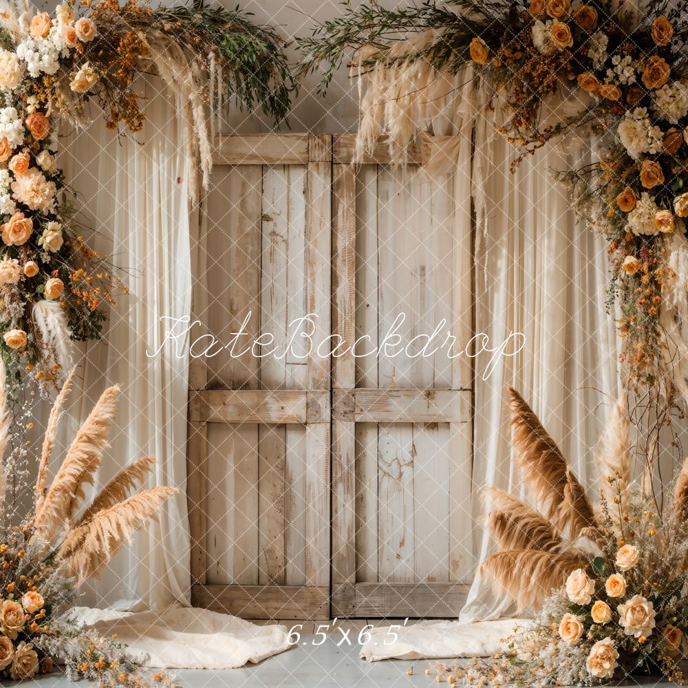 Kate Boho Reed Blume Vorhang hölzerne Scheunentür Hintergrund entworfen von Emetselch - Kate Backdrop.de
