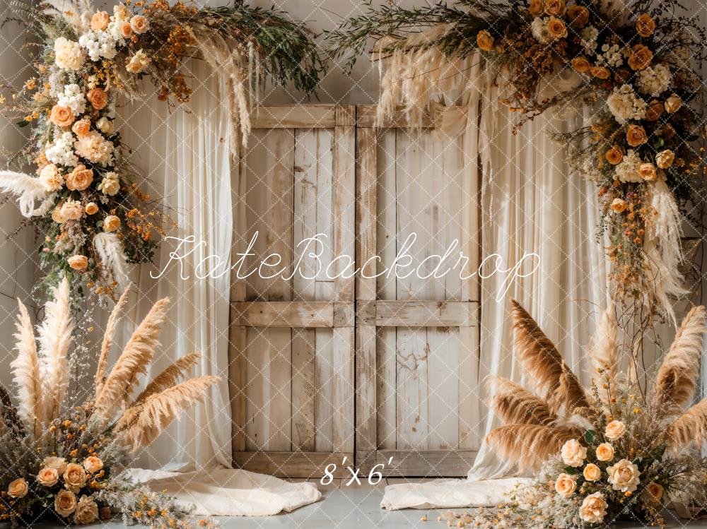 Kate Boho Reed Blume Vorhang hölzerne Scheunentür Hintergrund entworfen von Emetselch - Kate Backdrop.de