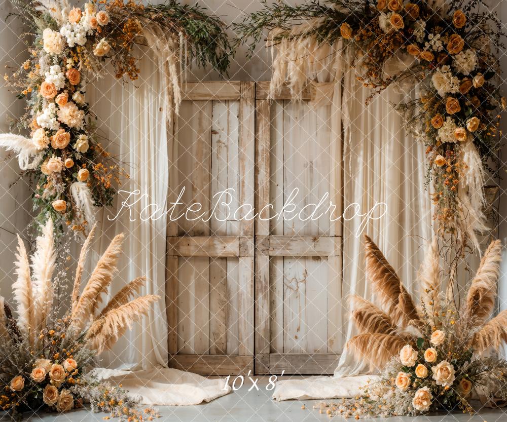 Kate Boho Reed Blume Vorhang hölzerne Scheunentür Hintergrund entworfen von Emetselch