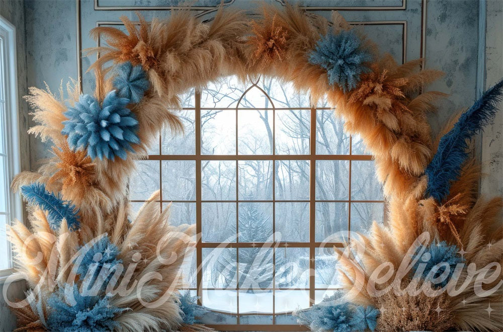 Kate Blue Boho Pampas Arch Winter Hintergrund entworfen von Mini MakeBelieve