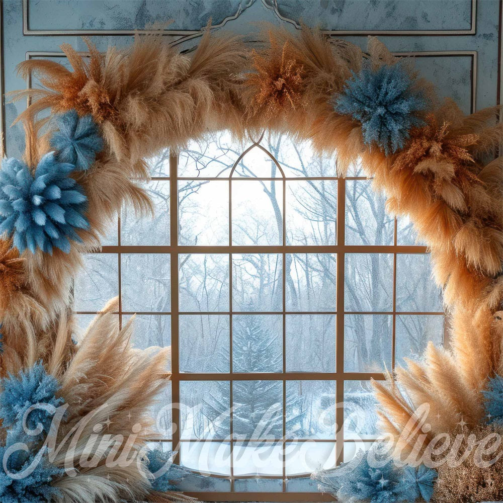 Kate Blue Boho Pampas Arch Winter Hintergrund entworfen von Mini MakeBelieve
