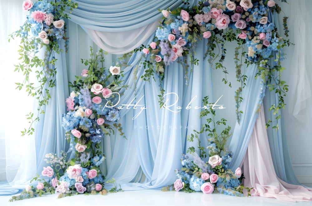 Kate Blaue Wand und Blumen Hintergrund Entworfen von Patty Robert - Kate Backdrop.de