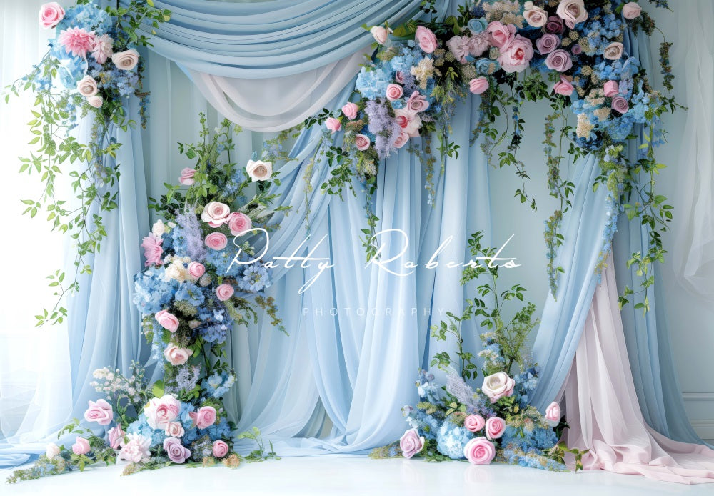 Kate Blaue Wand und Blumen Hintergrund Entworfen von Patty Robert - Kate Backdrop.de