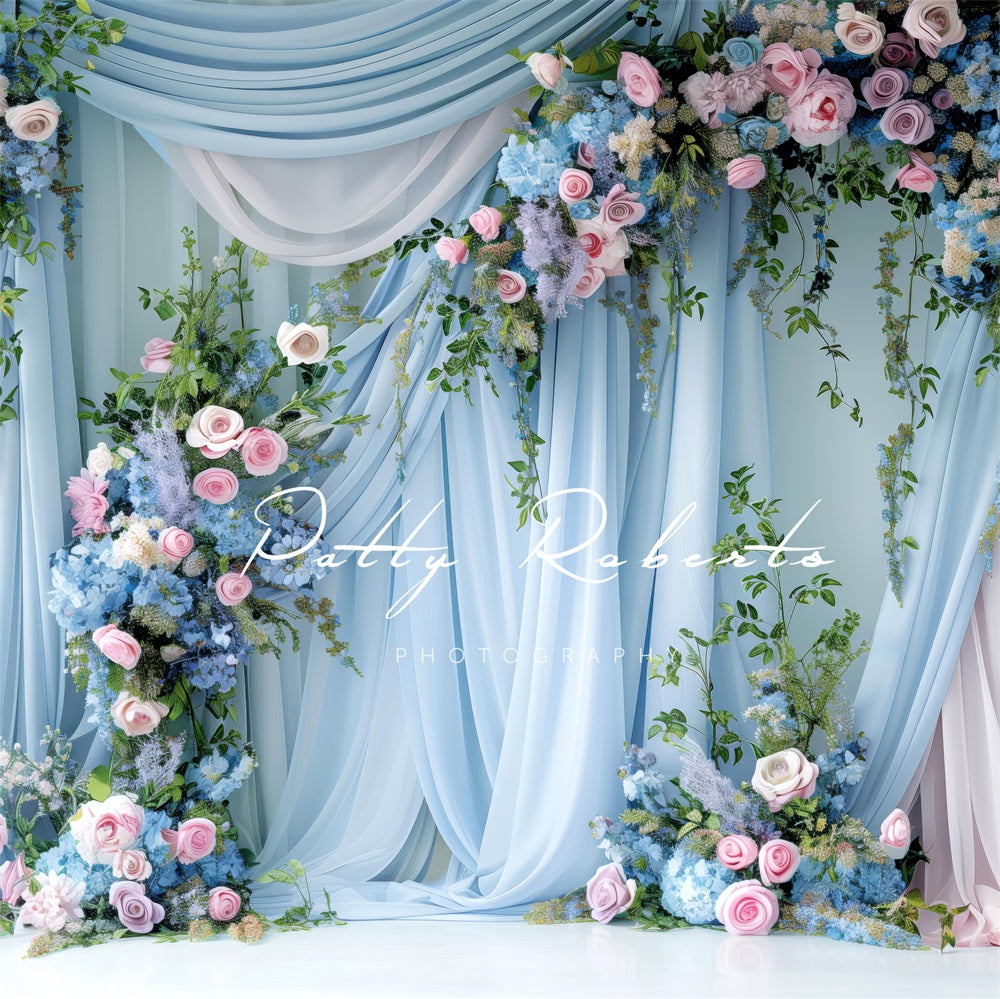 Kate Blaue Wand und Blumen Hintergrund Entworfen von Patty Robert - Kate Backdrop.de