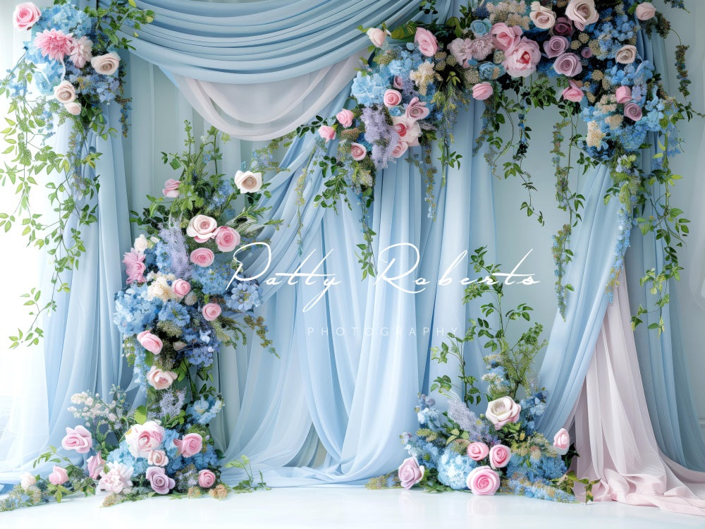 Kate Blaue Wand und Blumen Hintergrund Entworfen von Patty Robert - Kate Backdrop.de