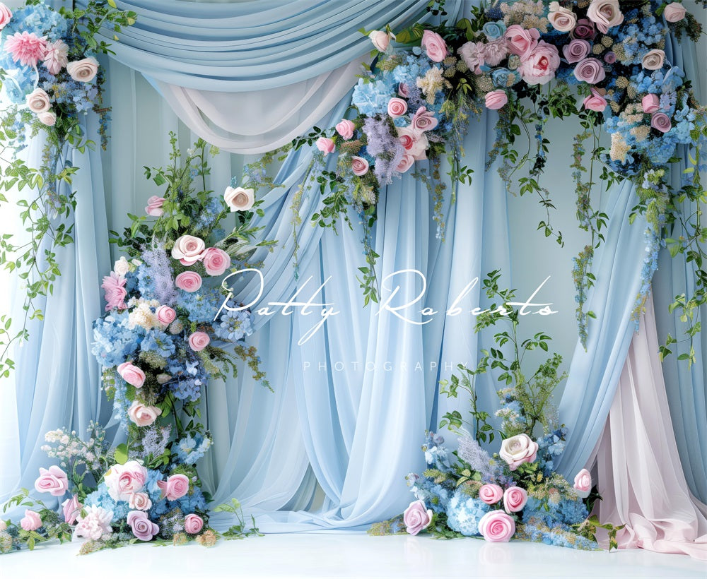 Kate Blaue Wand und Blumen Hintergrund Entworfen von Patty Robert - Kate Backdrop.de