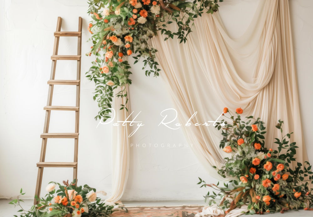 Kate Wandteppich und Leiter mit Blumen Hintergrund Entworfen von Patty Robert - Kate Backdrop.de