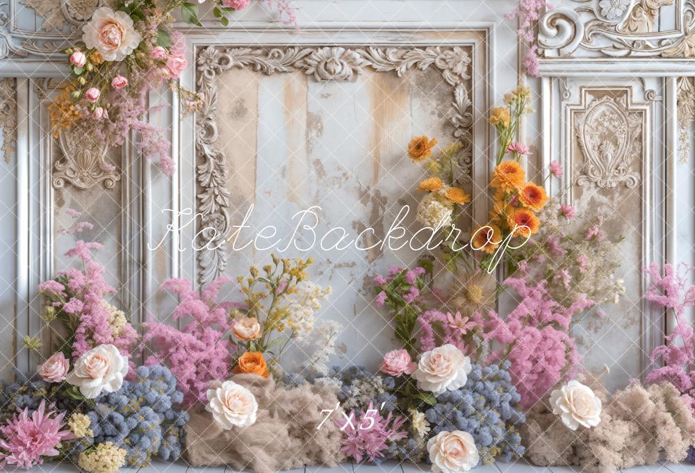 Kate Frühlings Kunst Blumen Weiße Vintage Wand Hintergrund Entworfen von Emetselch