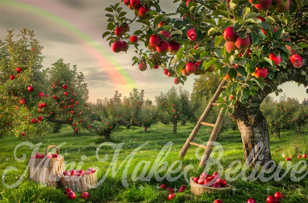 Kate Sommer Grün Wiesen Regenbogen Holzleiter Rote Apfel Obstgarten Hintergrund Entworfen von Mini MakeBelieve - Kate Backdrop.de