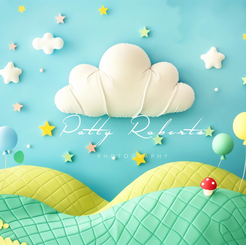 Kate 3D Cartoon Mit Bunten Luftballons Grün Gelb Feld Hintergrund Entworfen von Patty Robert - Kate Backdrop.de
