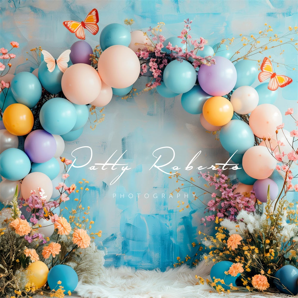 Kate Frühlings Boho Blumen Ballon Bogen blaue Hintergrund Entworfen von Patty Robert - Kate Backdrop.de