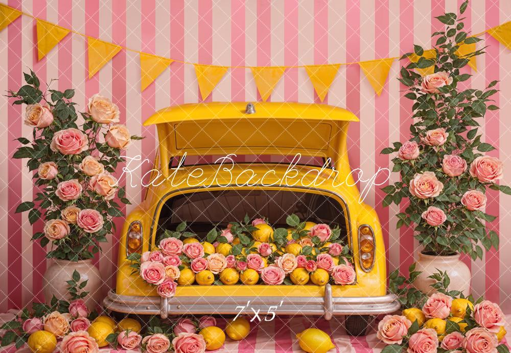 Kate Sommer Rosa Blume Zitrone Gelb Auto Streifen Wand Hintergrund Entworfen von Emetselch - Kate Backdrop.de