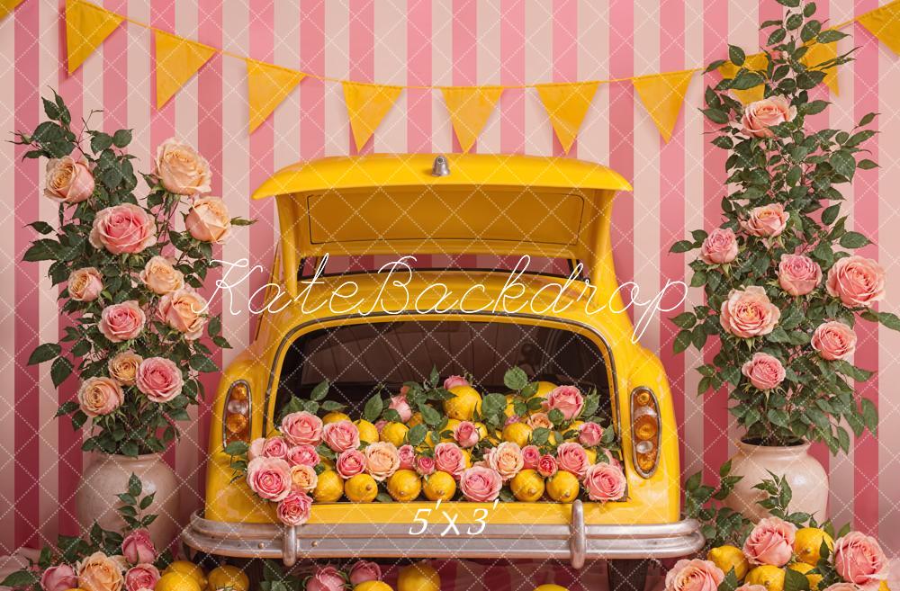 Kate Sommer Rosa Blume Zitrone Gelb Auto Streifen Wand Hintergrund Entworfen von Emetselch - Kate Backdrop.de