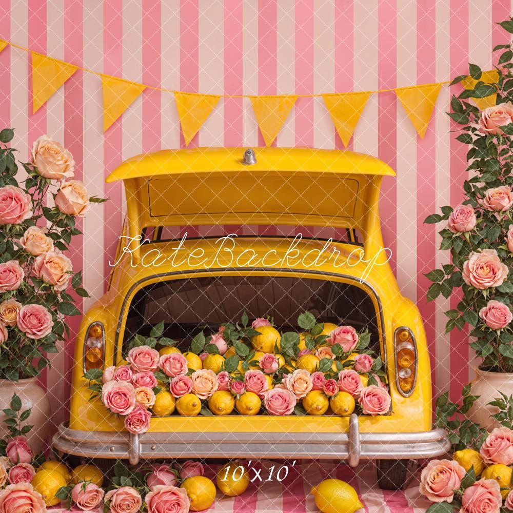 Kate Sommer Rosa Blume Zitrone Gelb Auto Streifen Wand Hintergrund Entworfen von Emetselch - Kate Backdrop.de