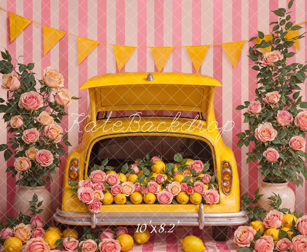 Kate Sommer Rosa Blume Zitrone Gelb Auto Streifen Wand Hintergrund Entworfen von Emetselch - Kate Backdrop.de