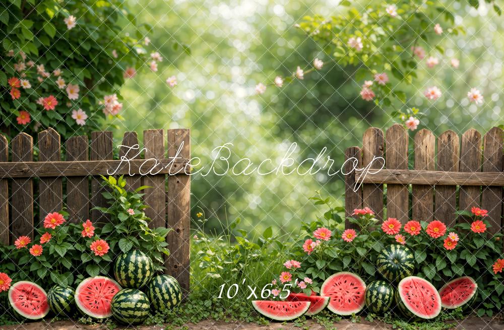 Kate Sommer Bokeh Grün Pflanze Bunte Blume Wassermelone Braun Zaun Hintergrund Entworfen von Emetselch - Kate Backdrop.de