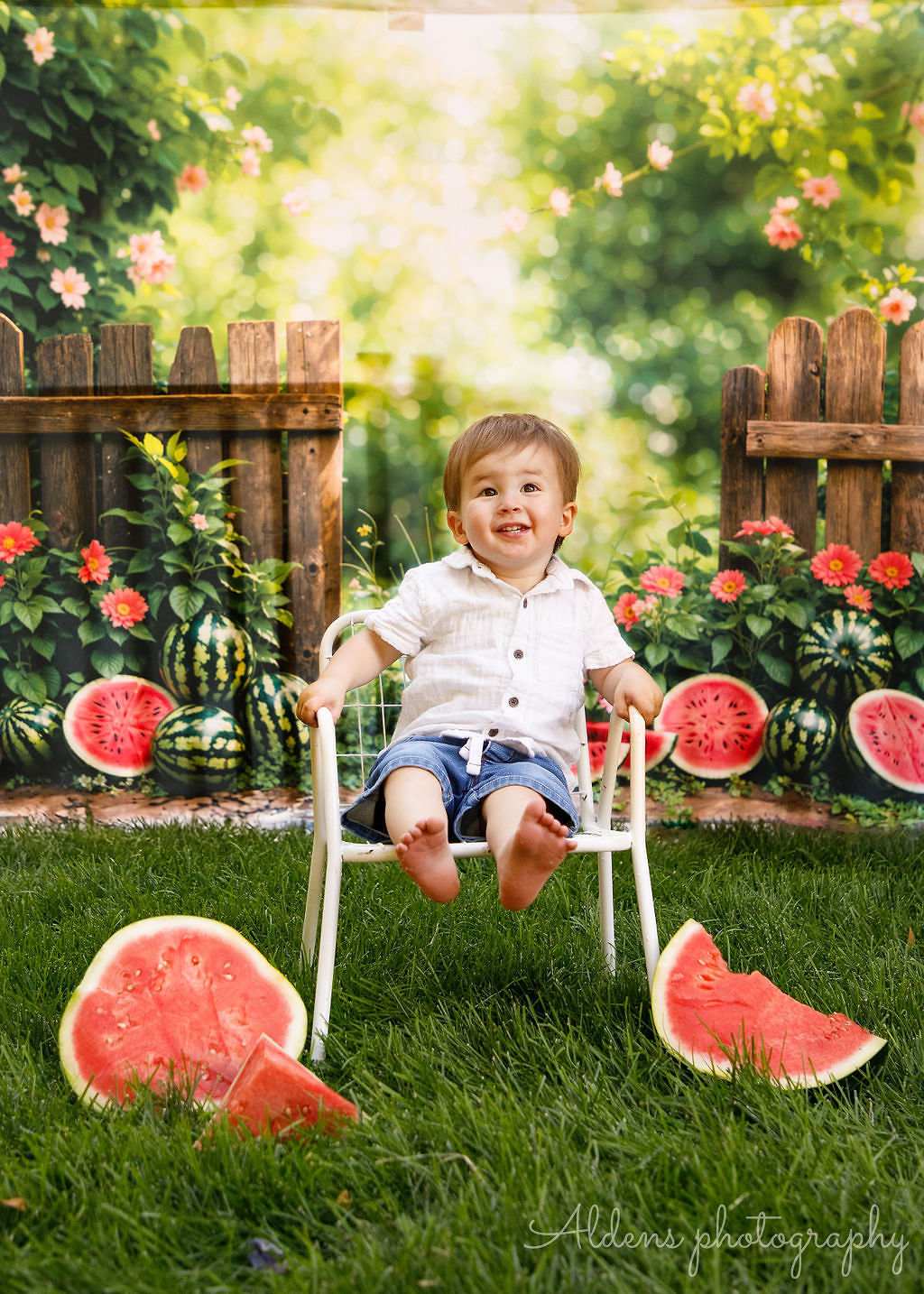Kate Sommer Bokeh Grün Pflanze Bunte Blume Wassermelone Braun Zaun Hintergrund Entworfen von Emetselch - Kate Backdrop.de