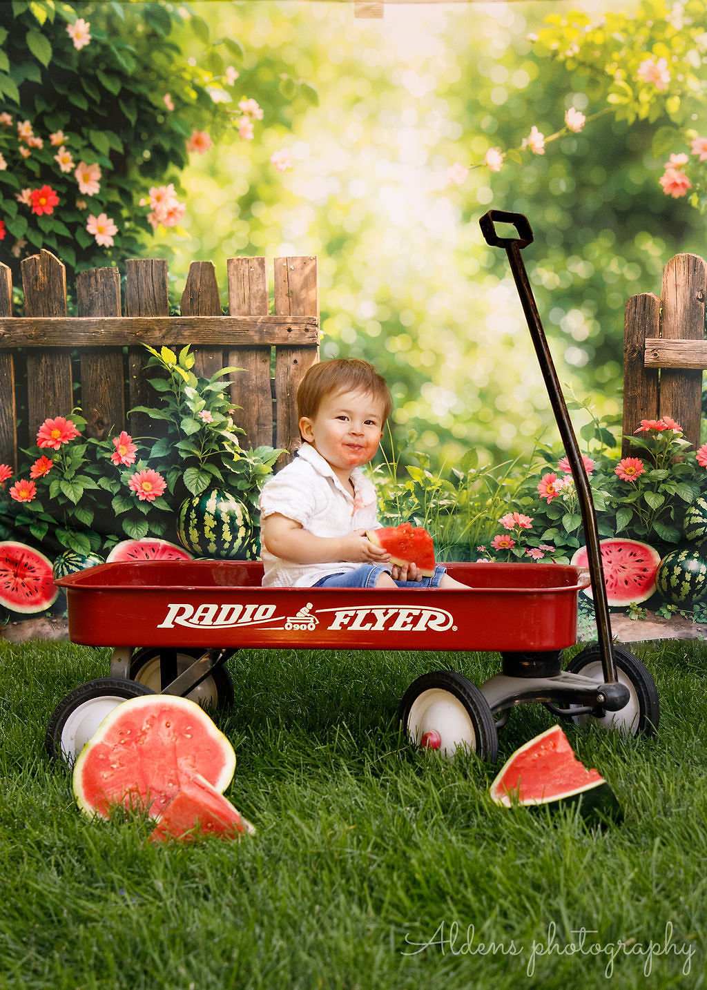 Kate Sommer Bokeh Grün Pflanze Bunte Blume Wassermelone Braun Zaun Hintergrund Entworfen von Emetselch - Kate Backdrop.de