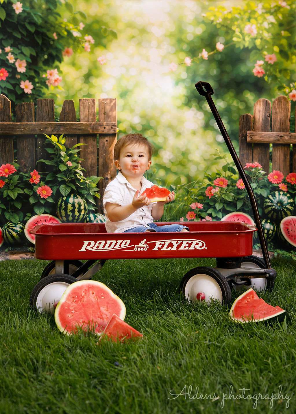 Kate Sommer Bokeh Grün Pflanze Bunte Blume Wassermelone Braun Zaun Hintergrund Entworfen von Emetselch - Kate Backdrop.de