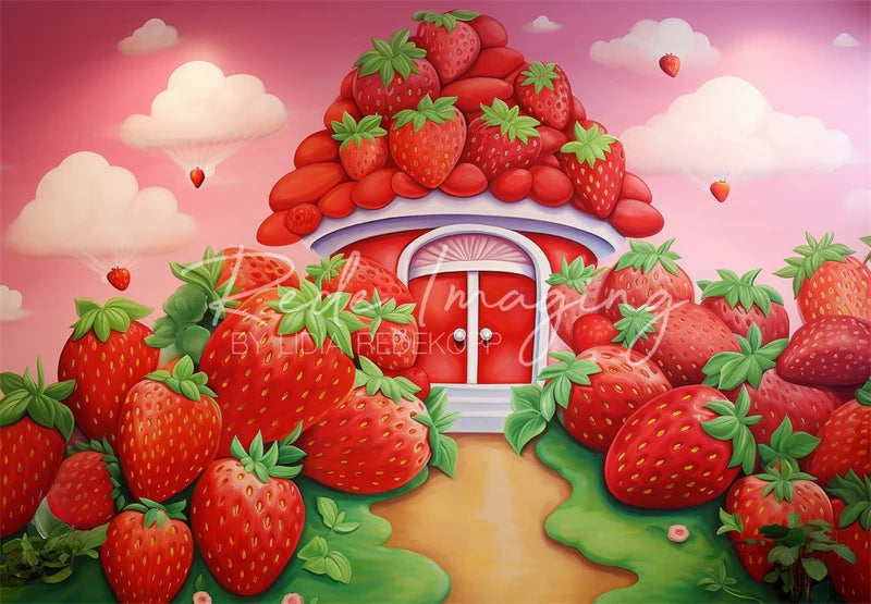 🔥50%OFF-Kate Frühling Cartoon Weiße Wolke Rosa Himmel Grün Wiese Rot Erdbeerhaus Hintergrund - Kate Backdrop.de