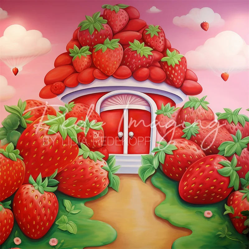 🔥50%OFF-Kate Frühling Cartoon Weiße Wolke Rosa Himmel Grün Wiese Rot Erdbeerhaus Hintergrund - Kate Backdrop.de