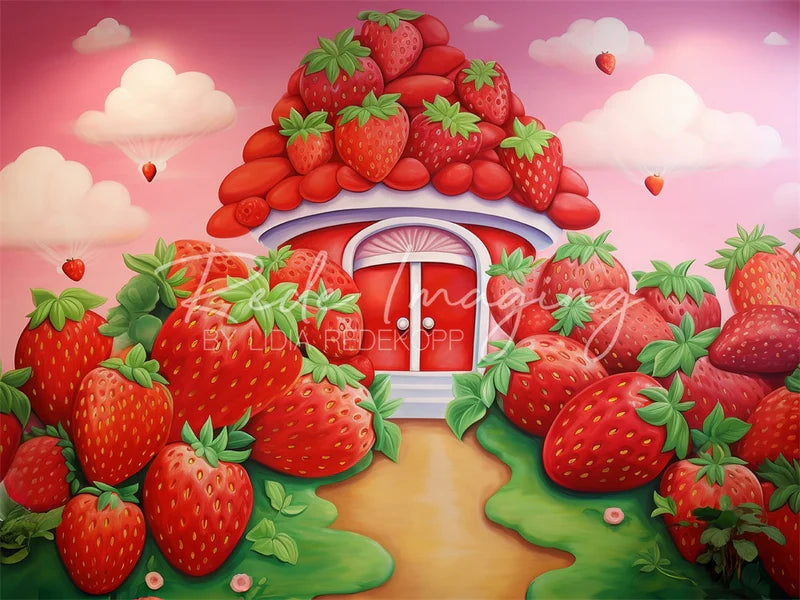 🔥50%OFF-Kate Frühling Cartoon Weiße Wolke Rosa Himmel Grün Wiese Rot Erdbeerhaus Hintergrund - Kate Backdrop.de