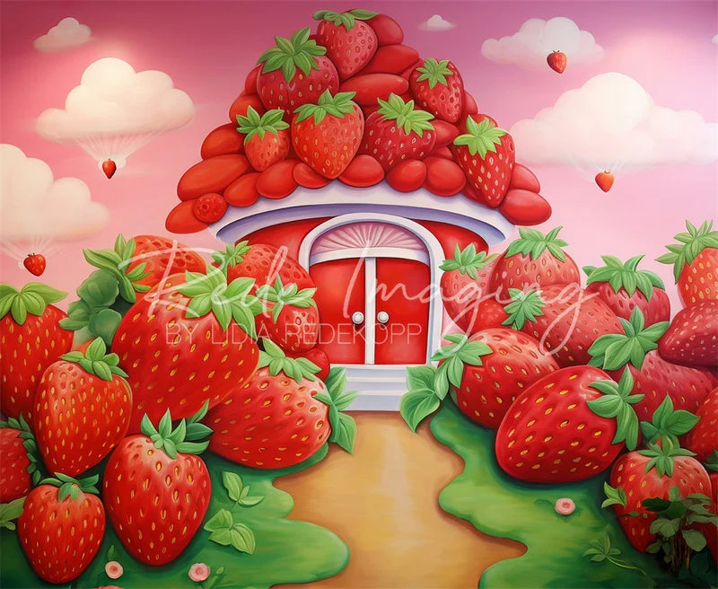 🔥50%OFF-Kate Frühling Cartoon Weiße Wolke Rosa Himmel Grün Wiese Rot Erdbeerhaus Hintergrund - Kate Backdrop.de