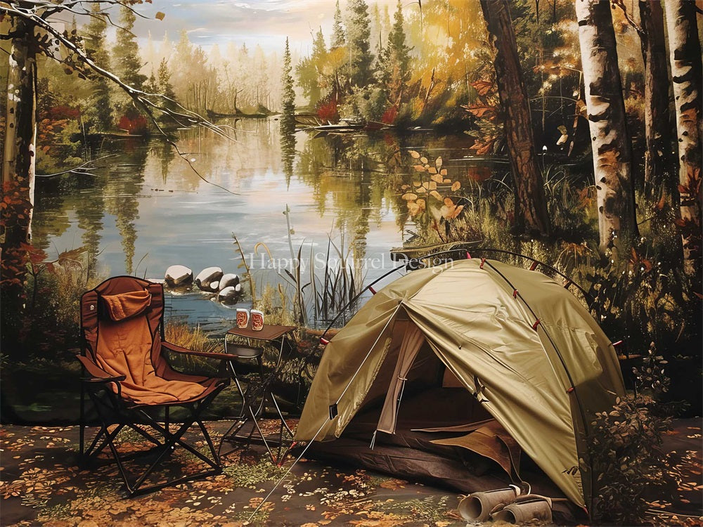 Kate Herbst Outdoor Wald Camping Zelt See Roter Stuhl Hintergrund Entworfen von Happy Squirrel Design - Kate Backdrop.de