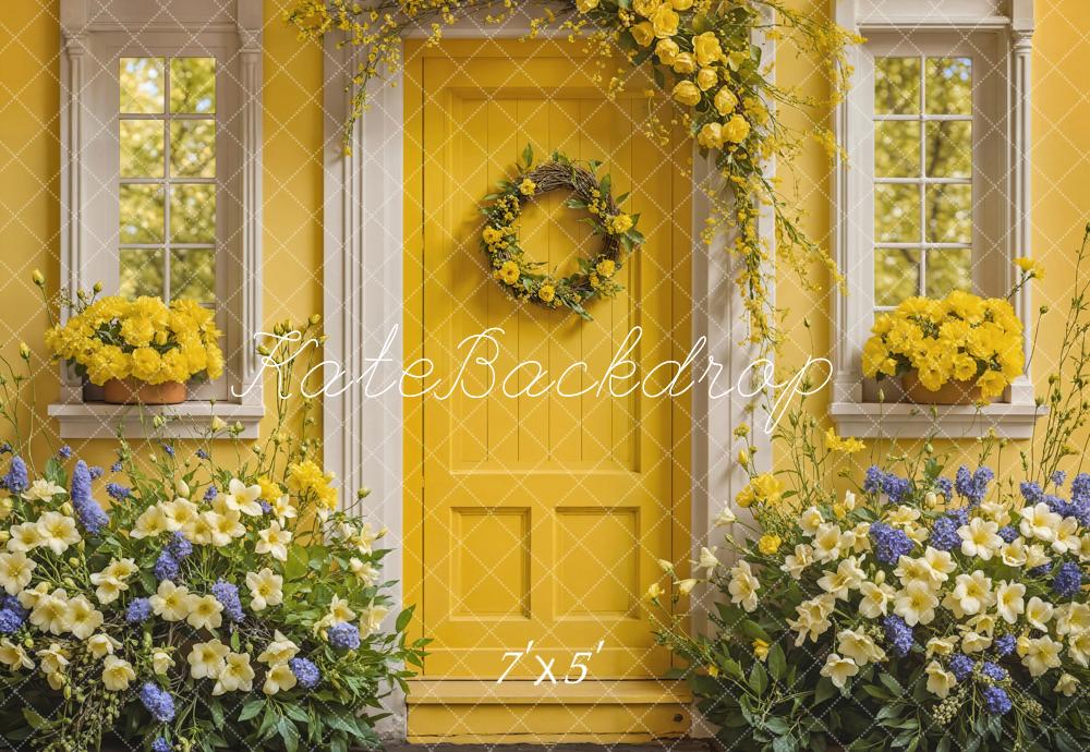 Kate Muttertag Feine Kunst Blume Gelb und Weiß Holztür Haus Hintergrund Entworfen von Emetselch - Kate Backdrop.de