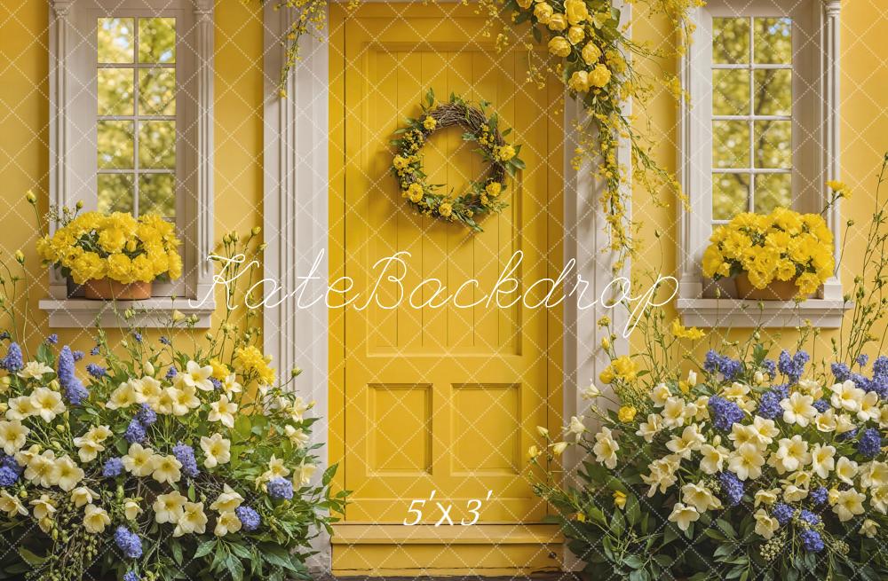 Kate Muttertag Feine Kunst Blume Gelb und Weiß Holztür Haus Hintergrund Entworfen von Emetselch - Kate Backdrop.de