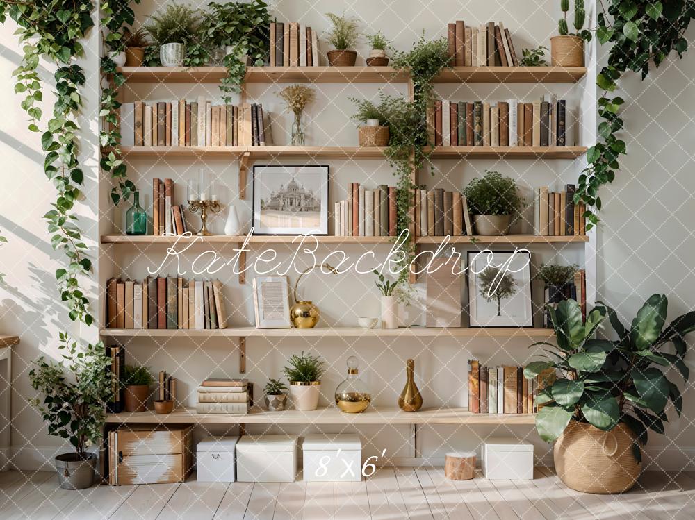 Kate Indoor Grüne Pflanze Holz Bücherregal Hintergrund Entworfen von Emetselch