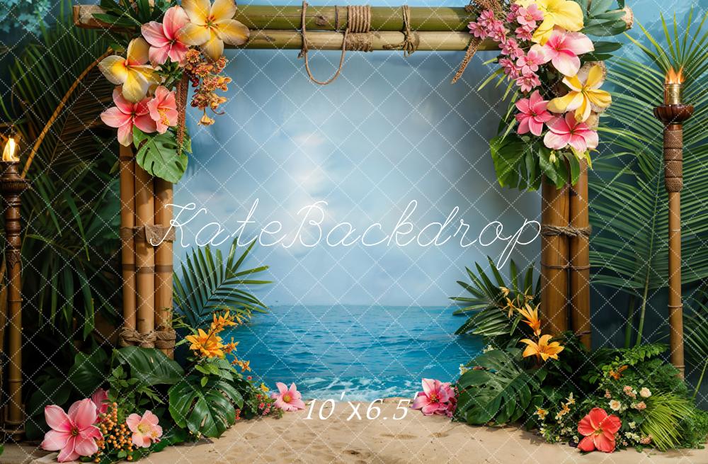 Kate Sommer Hawaii Küste Grüne Pflanze Bunte Blume Bambustür Hintergrund Entworfen von Emetselch - Kate Backdrop.de