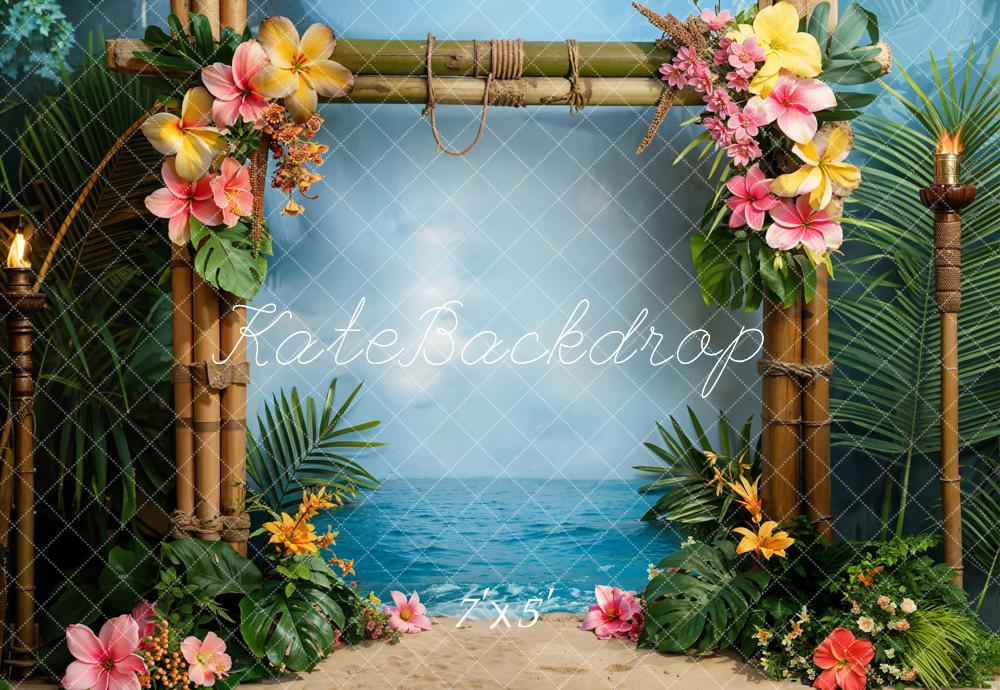 Kate Sommer Hawaii Küste Grüne Pflanze Bunte Blume Bambustür Hintergrund Entworfen von Emetselch - Kate Backdrop.de
