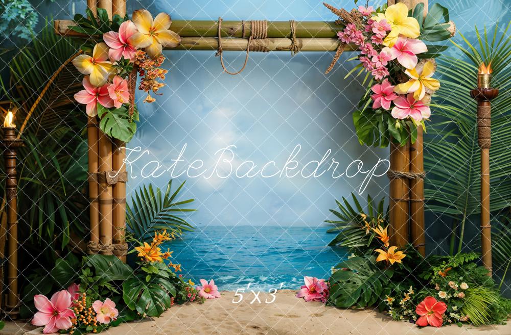 Kate Sommer Hawaii Küste Grüne Pflanze Bunte Blume Bambustür Hintergrund Entworfen von Emetselch - Kate Backdrop.de