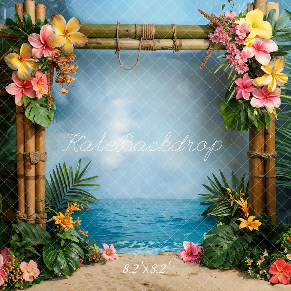 Kate Sommer Hawaii Küste Grüne Pflanze Bunte Blume Bambustür Hintergrund Entworfen von Emetselch - Kate Backdrop.de