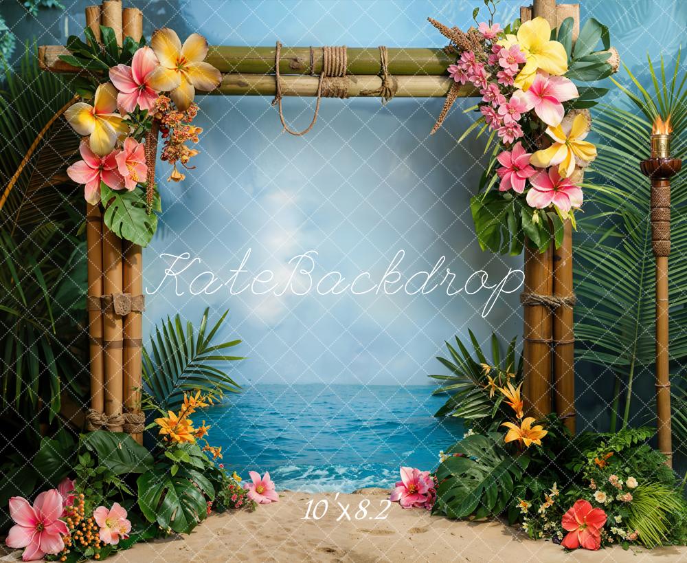 Kate Sommer Hawaii Küste Grüne Pflanze Bunte Blume Bambustür Hintergrund Entworfen von Emetselch - Kate Backdrop.de