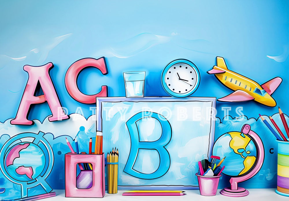 Kate Zurück zur Schule Blau Cartoon Malerei Hintergrund Entworfen von Patty Robert - Kate Backdrop.de