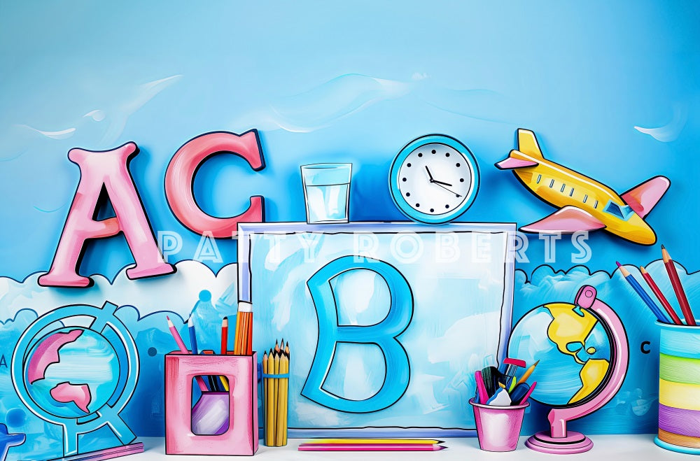 Kate Zurück zur Schule Blau Cartoon Malerei Hintergrund Entworfen von Patty Robert - Kate Backdrop.de