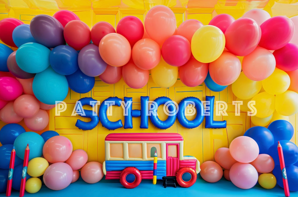 Kate Zurück zur Schule Bunte Ballonbogen Weiße Wand Hintergrund Entworfen von Patty Robert - Kate Backdrop.de