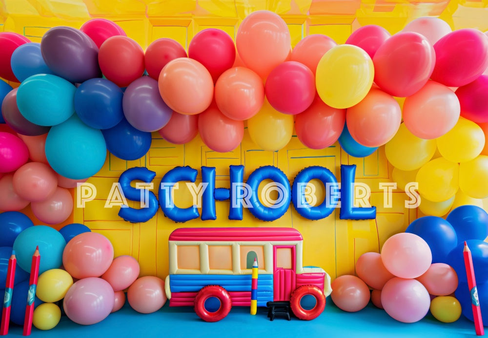 Kate Zurück zur Schule Bunte Ballonbogen Weiße Wand Hintergrund Entworfen von Patty Robert - Kate Backdrop.de