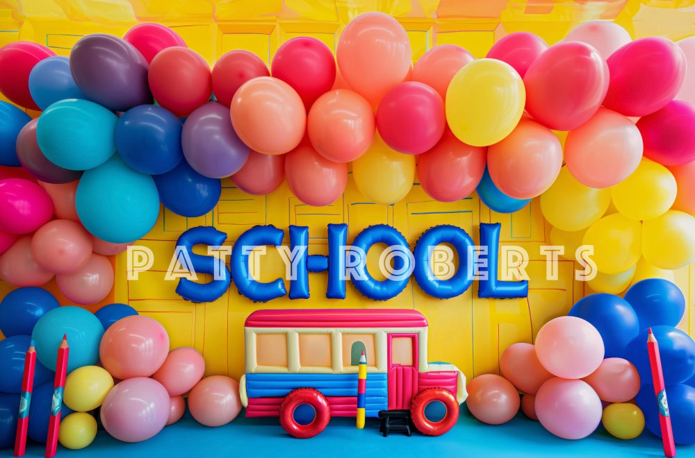 Kate Zurück zur Schule Bunte Ballonbogen Weiße Wand Hintergrund Entworfen von Patty Robert - Kate Backdrop.de