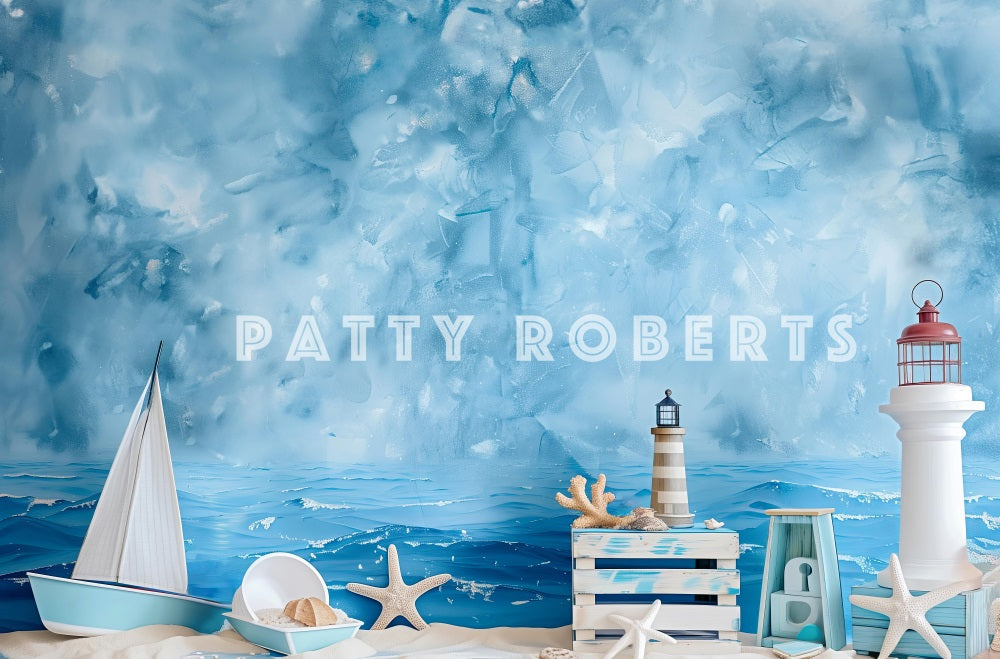 Kate Sommer Meeresküste Strand Segelturm Seestern Blaue Wand Hintergrund Entworfen von Patty Robert - Kate Backdrop.de