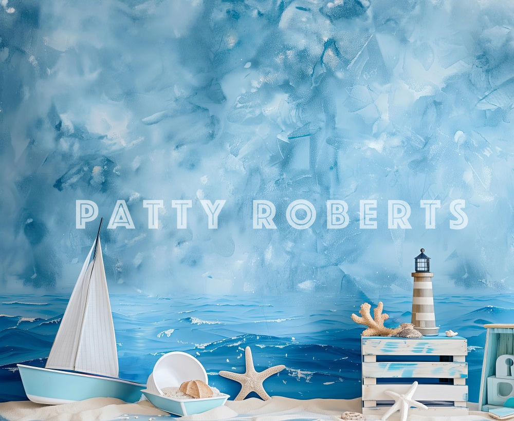Kate Sommer Meeresküste Strand Segelturm Seestern Blaue Wand Hintergrund Entworfen von Patty Robert - Kate Backdrop.de