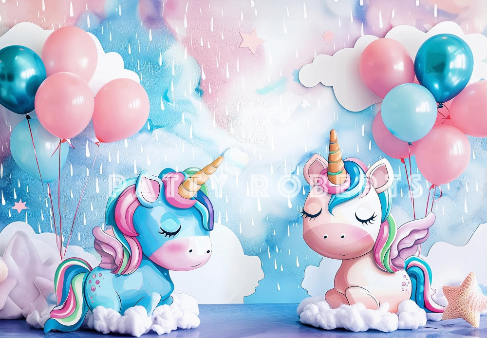 Kate Fantasie Cartoon Bunter Ballon Einhorn Graffiti Wand Hintergrund Entworfen von Patty Robert - Kate Backdrop.de