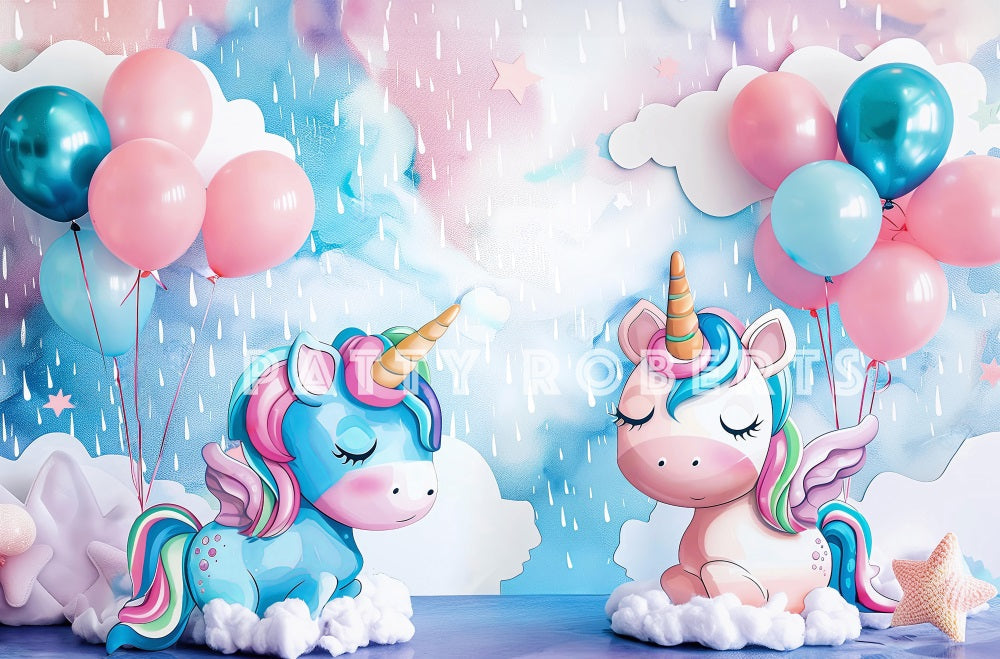 Kate Fantasie Cartoon Bunter Ballon Einhorn Graffiti Wand Hintergrund Entworfen von Patty Robert - Kate Backdrop.de