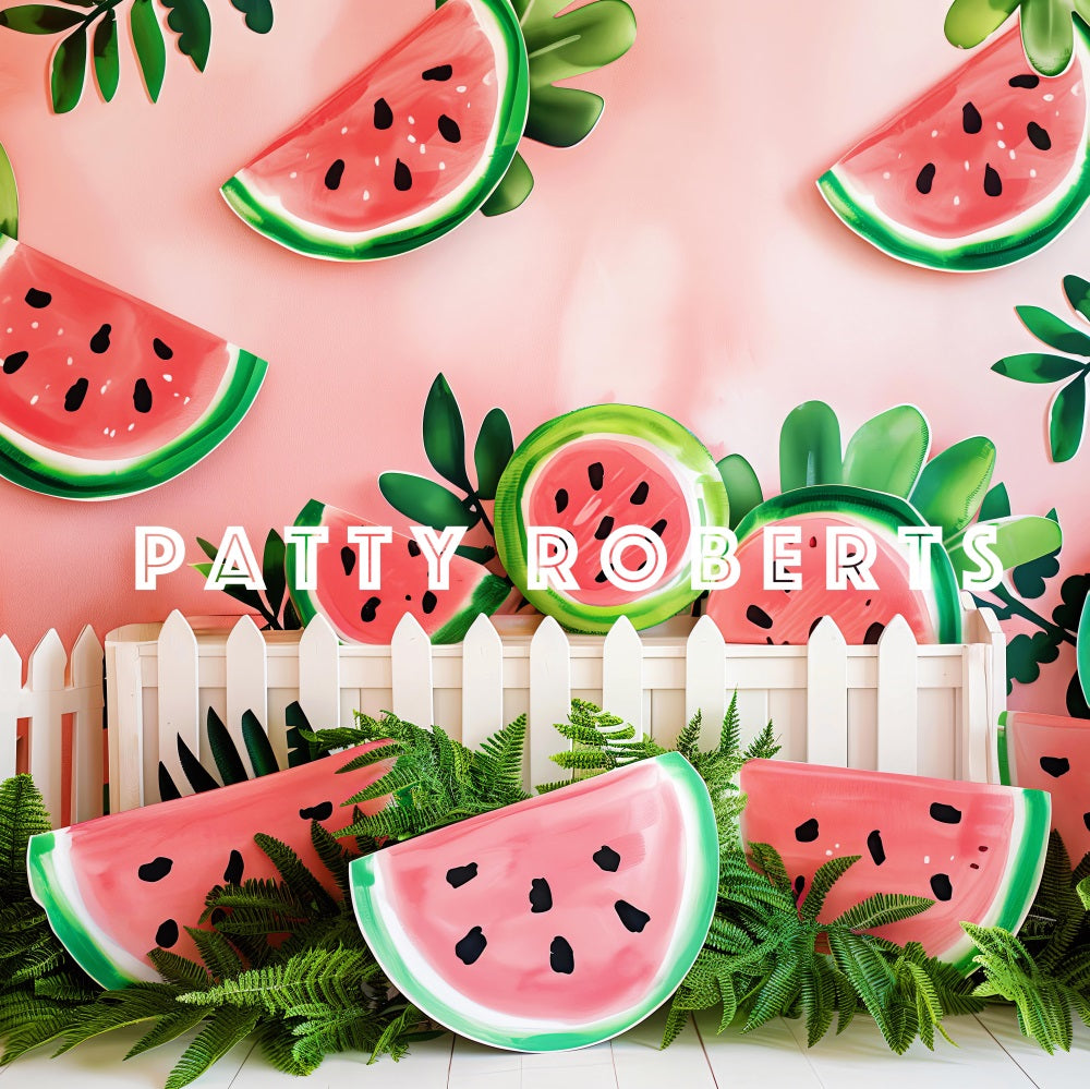 Kate Sommer Grüne Pflanze Weißer Zaun Wassermelonenrote Wand Hintergrund Entworfen von Patty Robert - Kate Backdrop.de