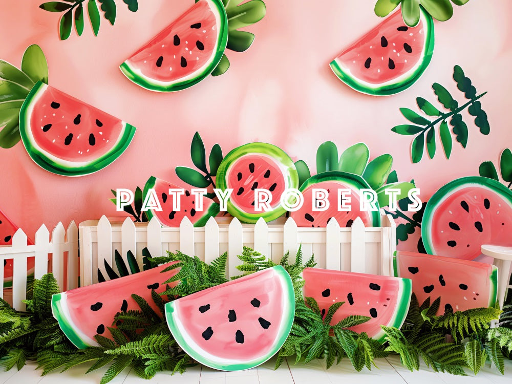 Kate Sommer Grüne Pflanze Weißer Zaun Wassermelonenrote Wand Hintergrund Entworfen von Patty Robert - Kate Backdrop.de