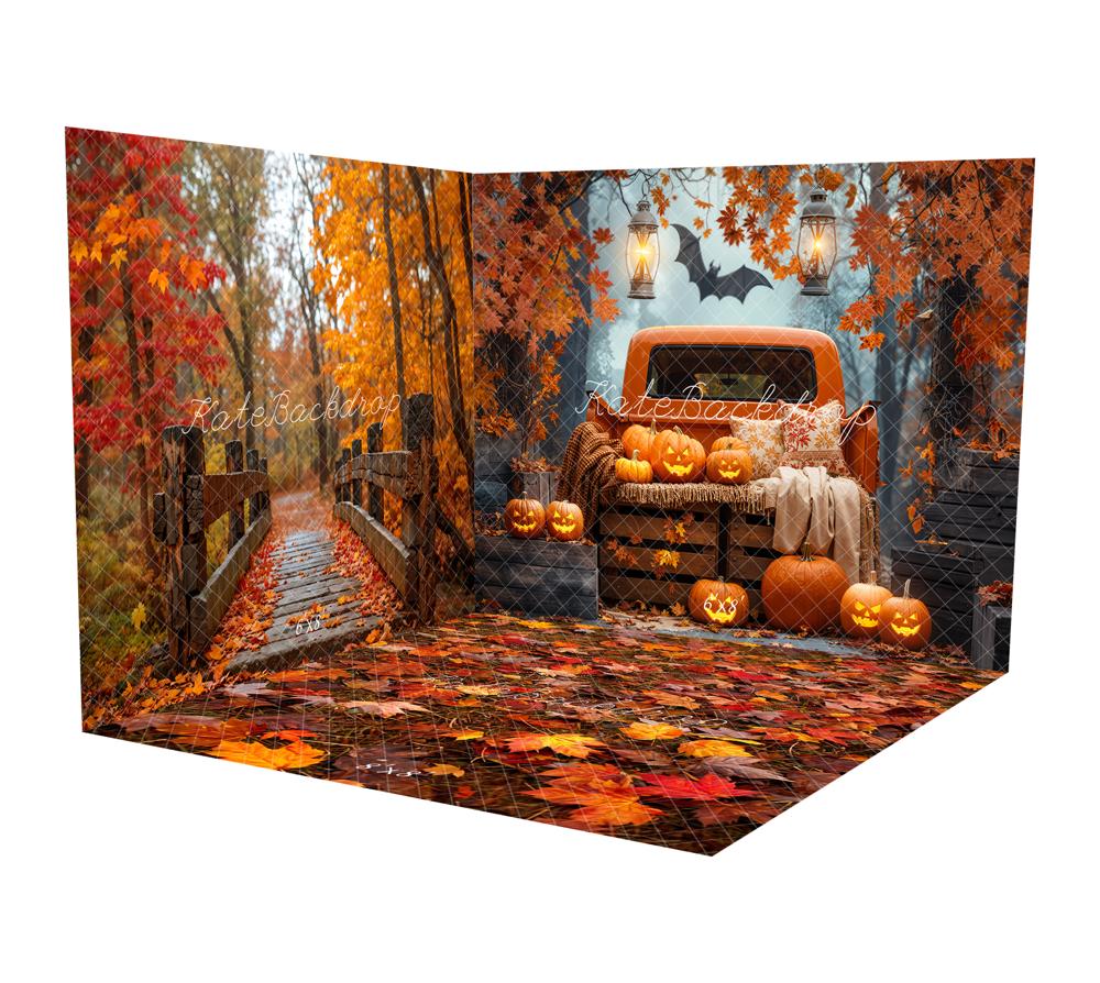 Kate Herbst im Freien Wald Roter Ahorn Dunkelbraune Holzbrücke Raum Hintergrund-Set - Kate Backdrop.de