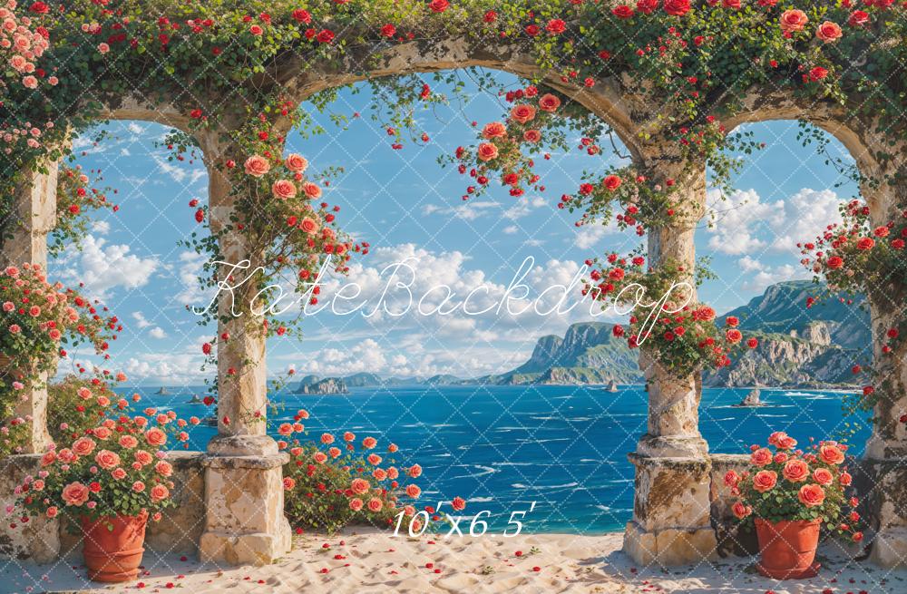 Kate Sommer Meer Strand Rosa Blumiger Steinbogentür Hintergrund Entworfen von Chain Photography - Kate Backdrop.de