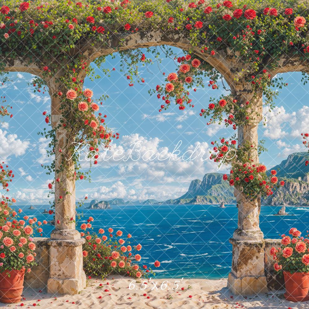 Kate Sommer Meer Strand Rosa Blumiger Steinbogentür Hintergrund Entworfen von Chain Photography - Kate Backdrop.de